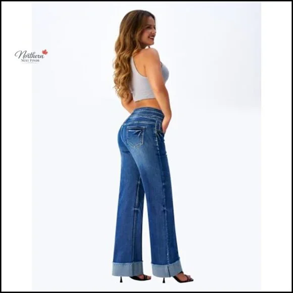 High Waisted Stretchy Wide Leg Jeans, Cuffed Baggy Denim Pants, 29.92 Inseam - Picture 6 of 7